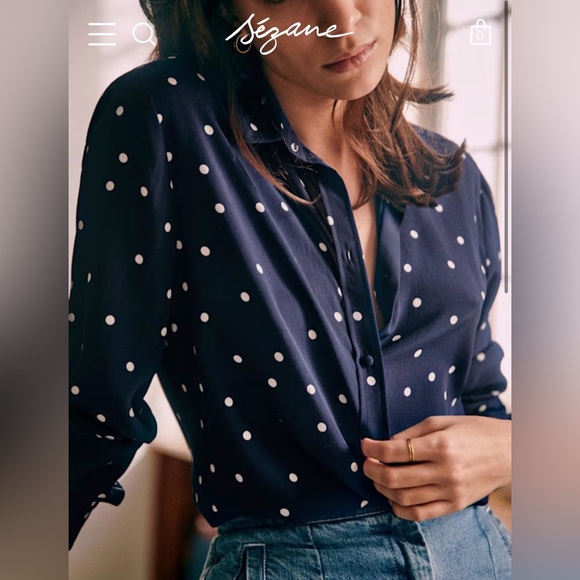 Sezane 100% silk Ann shirt button down blouse navy blue white polka dot size 40 - Picture 3 of 8